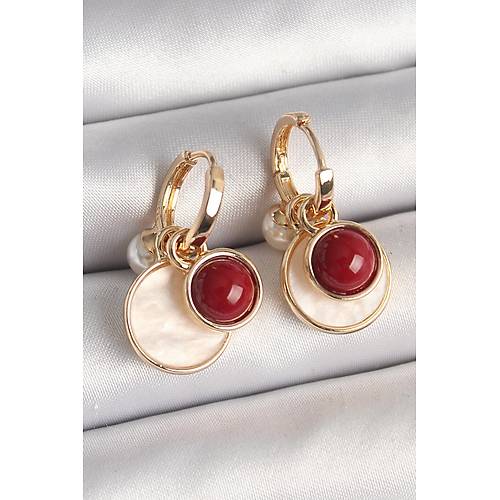 Pirin� Gold Renk Sallant� Beyaz Mineli Bordo Detay Kad�n K�pe