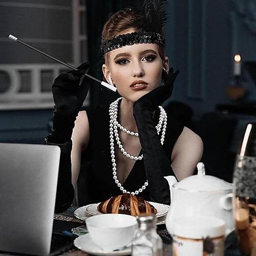 1920'ler Gatsby Aksesuar Seti � Siyah Charleston Sa� Band�, Uzun Eldiven & Sigaral�k