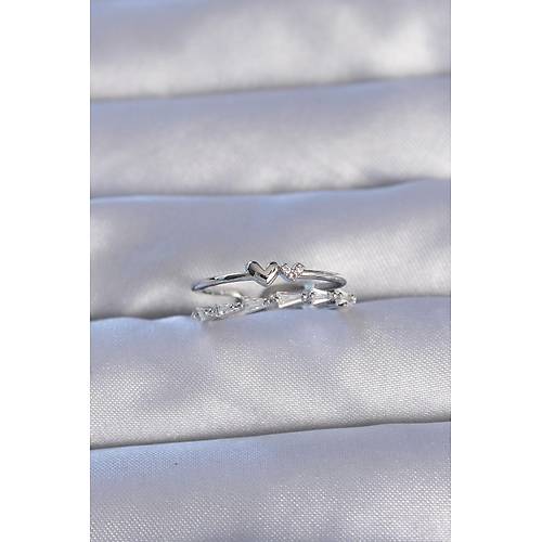 Pirin� G�m�� Renk Zirkon Ta�l� Kalpli 2li G�r�n�m Ayarlanabilir Y�z�k