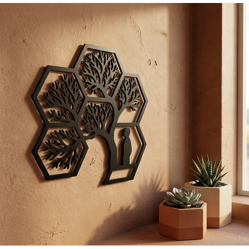 Hayat A�ac� Duvar Tablosu MDF Lazer Kesim Alt�gen Geometrik Modern Duvar S�s�