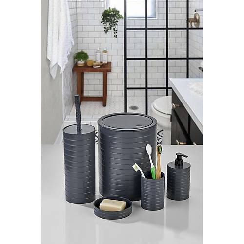 5 Par�a Yatay �izgili Gri Banyo Tak�m�