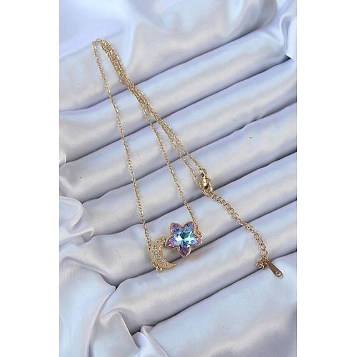 316L �elik Zincir Alt�n Renk Ay Tasar�ml� Renkli Zirkon Ta�l� �i�ek Kolye