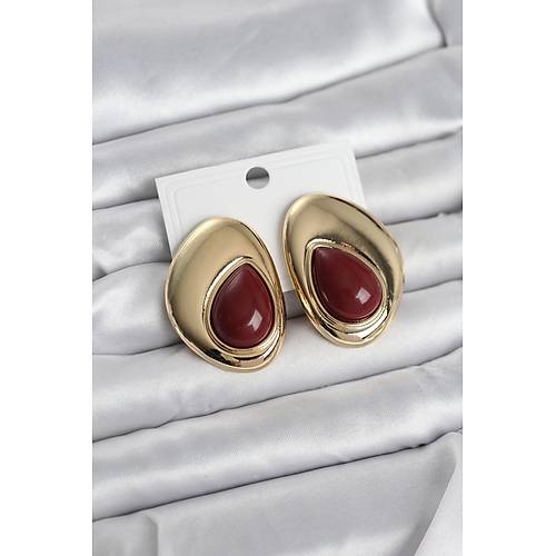 Pirin� Gold Renk Bordo Ta�l� Damla Model Vintage Kad�n K�pe
