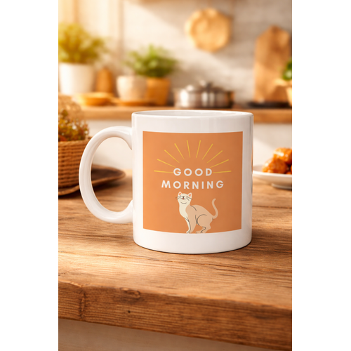 Good Morning Kedi Desenli Porselen Kupa MODEL 72 � Sevimli Kedi Fig�rl�, Kahve & �ay Kupas�, Hediyelik Porselen Bardak