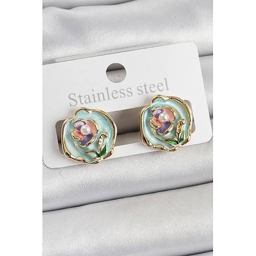 Pirin� Ye�il Mineli �i�ek Fig�rl� Sanatsal Portre Model Gold Renk Kad�n K�pe