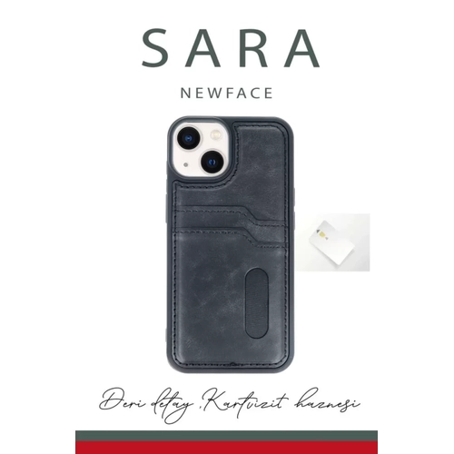 iPhone 14 K�l�f Sara Kartvizitli Deri K�l�f - Lacivert