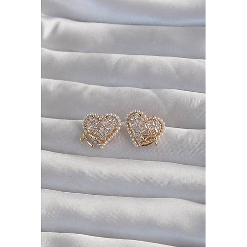 Pirin� Gold Renk Fiyonk Detay �ncili Zirkon Ta�l� Kalp K�pe