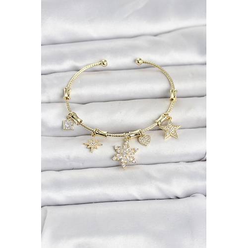 Pirin� Gold Renk Lotus Detay Charml� Kad�n Bileklik