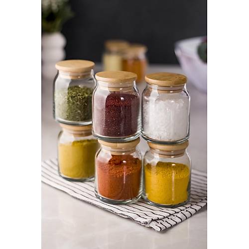 6'l� Bambu Kapakl� Cam Kavanoz & Baharat Tak�m� & Baharatl�k Seti 200 ML (Vakum Kapak)