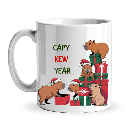 Capy New Year Yaz�l� Kapibara Y�lba�� Temal� Kupa Model 218 Bask�l� Seramik Kahve Kupas�