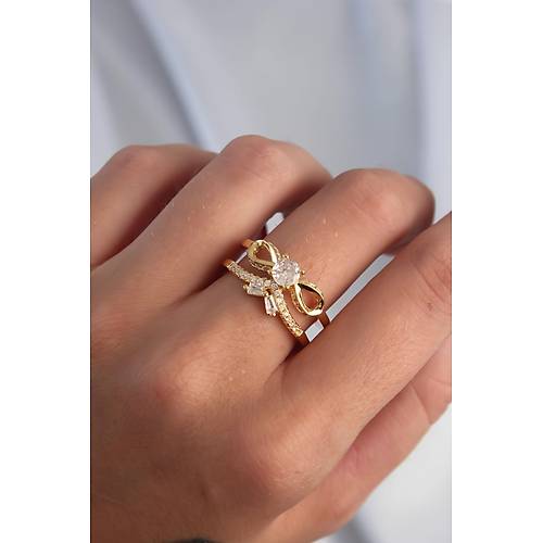 Pirin� Ayarlamal� Gold Renk Zirkon Ta�l� 2li G�r�n�m Fiyonk Y�z�k