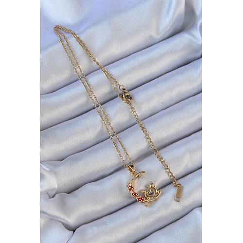 316L �elik Zincir Alt�n Renk K�rm�z� G�l Detay Kedi Fig�r Zirkon Ta�l� Ay Kolye