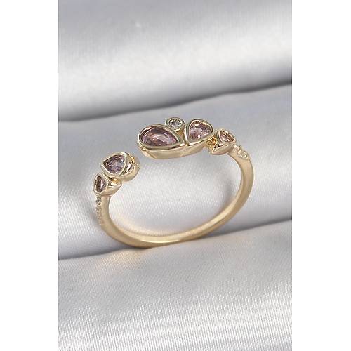 Pirin� Gold Renk Pembe Damla Zirkon Ta�l� Ayarlanabilir Kad�n Y�z�k