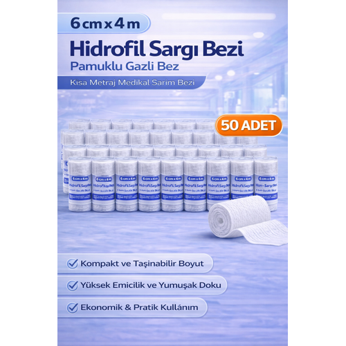 6 cm x 4 m Hidrofil Sarg� Bezi Pamuklu Gazl� Bez K�sa Metraj Medikal Sar�m Bezi 50 Adet