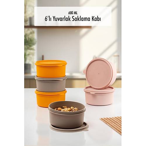 6 Adet Yuvarlak Saklama Kab� & Kahvalt�l�k (600 ML)