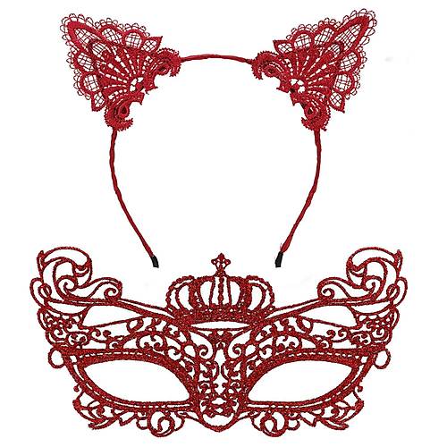 L�ks K�rm�z� Dantel Ta�l� Maske Seti 2 No - Parti, Balo, Kost�m Aksesuar�
