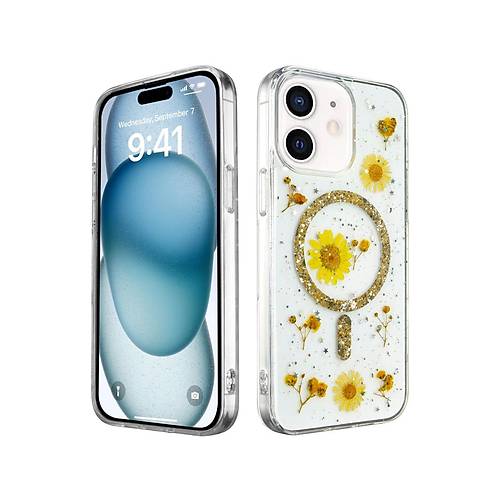 iPhone 12 K�l�f Daisy Simli Magsafe Kapak - Gold