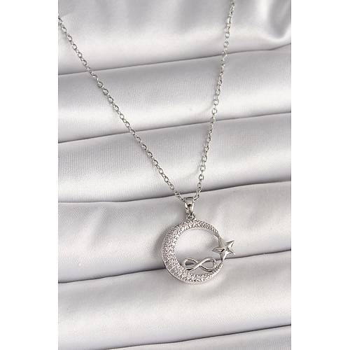316L �elik G�m�� Renk Zincir Zirkon Ta�l� Ay Y�ld�z Model Sonsuzluk Detay Kad�n Kolye