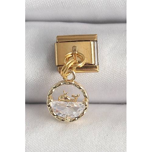 316L �elik Gold Renk Sallant� Zirkon Ta�l� Balina Model Nomination Charm