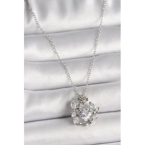 316L �elik G�m�� Renk Zincir Zirkon Ta�l� Kalp Fig�r G�l Detay Kad�n Kolye