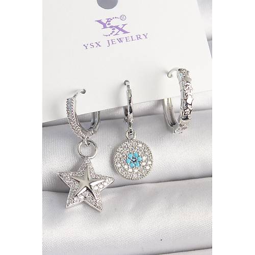 Pirin� Gold Renk Zirkon Ta�l� Y�ld�z Model Nazar Boncuk Detay 3'L� Kad�n Kombin K�pe