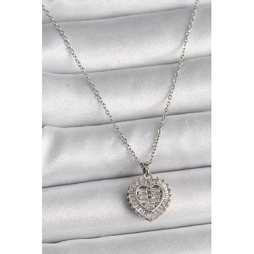 316L �elik G�m�� Renk Zincir Zirkon Ta�l� Kalp Model Kad�n Kolye