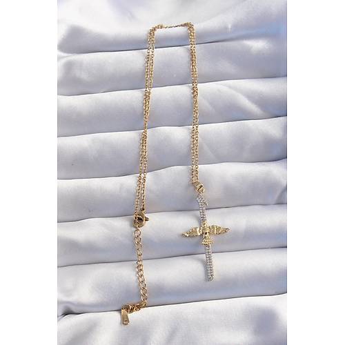 316L �elik Zincir Gold Renkli Zirkon Ta�l� Anka Ku�u Kolye