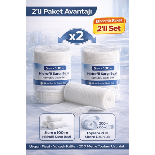 5 cm x 100 m Hidrofil Sarg� Bezi Pamuklu Gazl� Bez Y�ksek Emici Medikal Sarg� Bezi 2 Adet