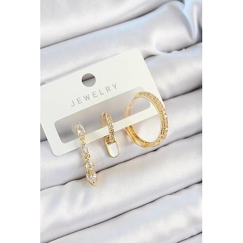Pirin� Zirkon Ta�l� Sallant�l� Model Gold Renk 3'l� �ift Kad�n K�pe Set