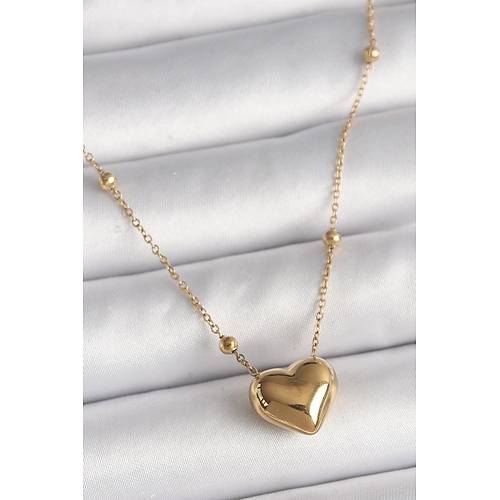 316L �elik Gold Renk Top�uk Detayl� Zincir Kalp Model Kad�n Kolye