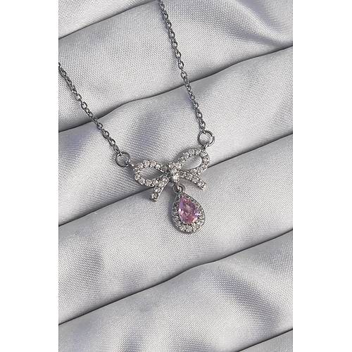 316L �elik G�m�� Renk Fiyonk Detay Pembe Zirkon Ta�l� Damla Kolye