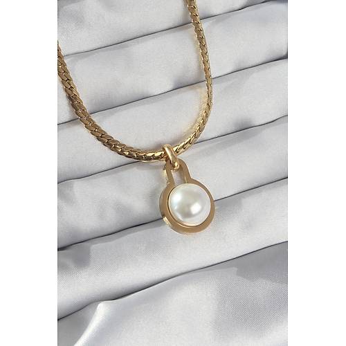 316L �elik Gold Renk Yass� Zincir �nci Ta�l� Kolye