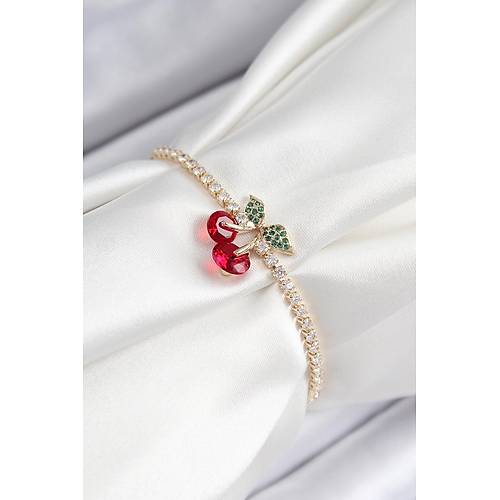 Pirin� Zirkon Ta�l� Kiraz Model Gold Renk Asans�rl� Kad�n Bileklik