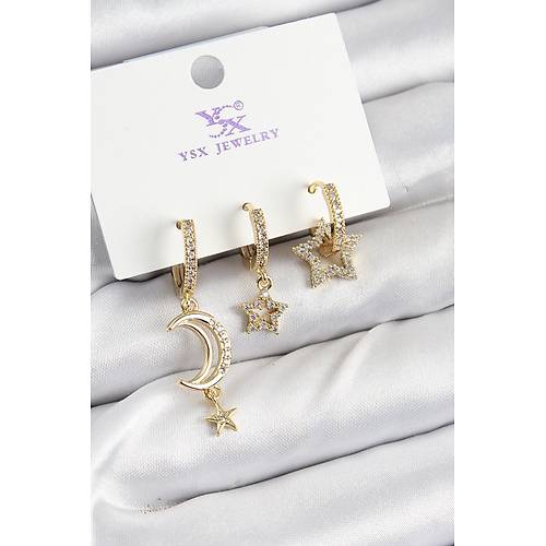 Pirin� Z�rkon Ta�l� Ay Ve Hilal Model Gold Renk 3'l� Kad�n K�pe