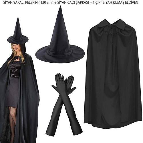 120 cm Siyah Yakal� Cad� Pelerini Cad� �apkas� ve 1 �ift Siyah Kuma� Eldiven Seti 3 Par�a