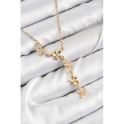 316L �elik Zirkon Ta�l� �i�ek Model Gold Renk Kad�n Kolye