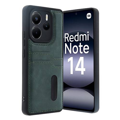 Redmi Note 14 4G K�l�f Sara Kartvizitli Deri K�l�f - Koyu Ye�il