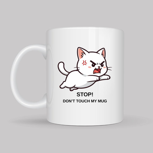 Stop Don�t Touch My Mug Yaz�l� Kedi Tasar�ml� Kupa Model 211 Komik Bask�l� Seramik Kahve Kupas�