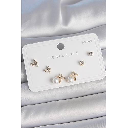 Pirin� Gold Renk Zirkon Ta�l� Kelebek Model �nci Detay 925 Ayar G�m�� �ivi Kad�n K�pe Seti