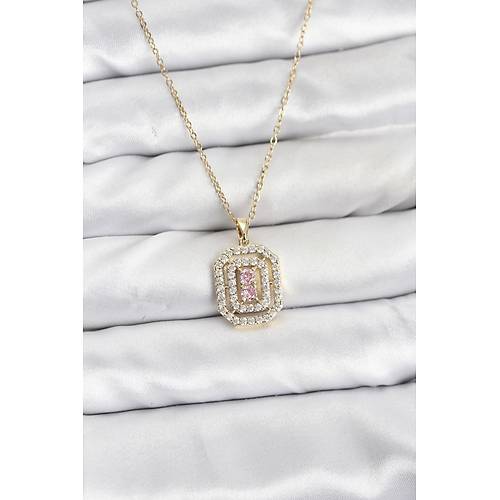 316L �elik Zincir Gold Renk Plaka Model Zirkon Ta�l� Kad�n Kolye