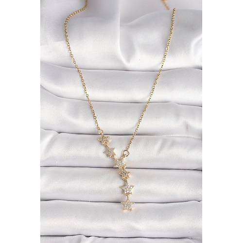 316L �elik Gold Renk Zincir Zirkon Ta�l� Y�ld�z Model Kad�n Kolye