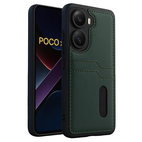 Poco X7 Pro K�l�f Sara Kartvizitli Deri K�l�f - Koyu Ye�il