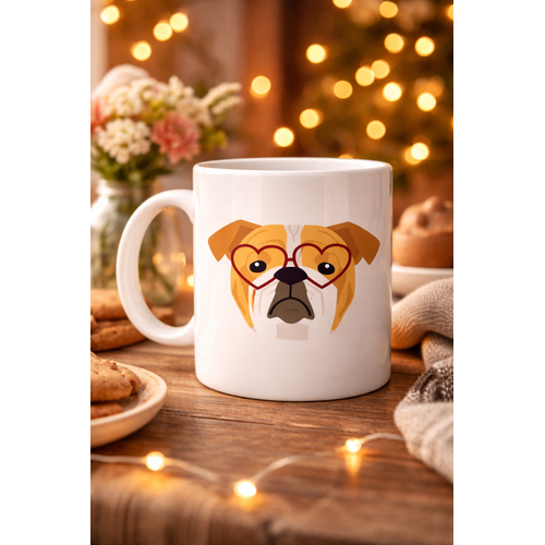 Kalpli G�zl�kl� �ngiliz Bulldog Tasar�ml� Porselen Kupa Model 52 � Sevimli K�pek Desenli Kahve & �ay Kupas�