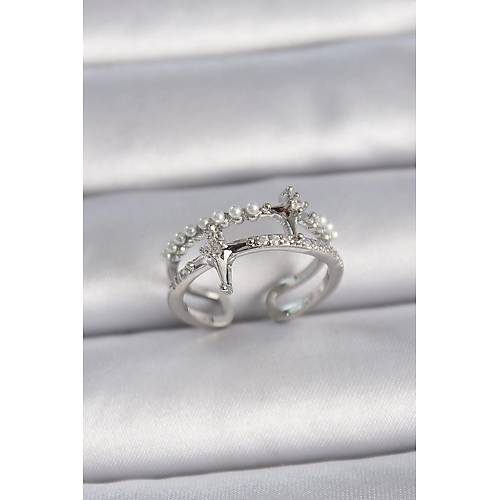 Pirin� G�m�� Renk Ayarlanabilir Zirkon Ta�l� Kutup Y�ld�z �nci Detay Kad�n Y�z�k