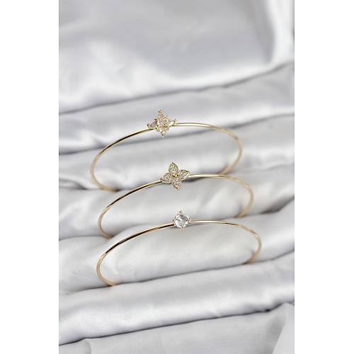 Zirkon Ta�l� Gold Renk Yonca Model 3'l� Kad�n Bileklik Kombini
