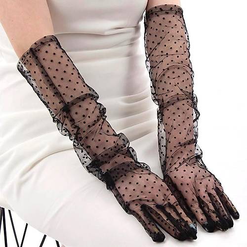 Uzun Boy Siyah Puantiyeli Siyah Renk Yeti�kin T�l Eldiven 55 cm