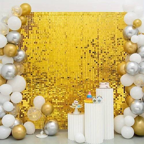 Alt�n Gold Renk Dikd�rtgen Kesim Parlak Sim G�r�n�ml� Fon Perde Dekor 1x2 Metre