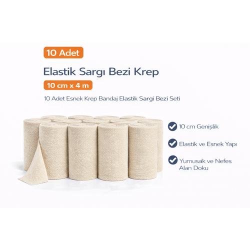 Elastik Sarg� Bezi Krep 10 cm x 4 m 10 Adet Esnek Krep Bandaj Elastik Sarg� Bezi Seti