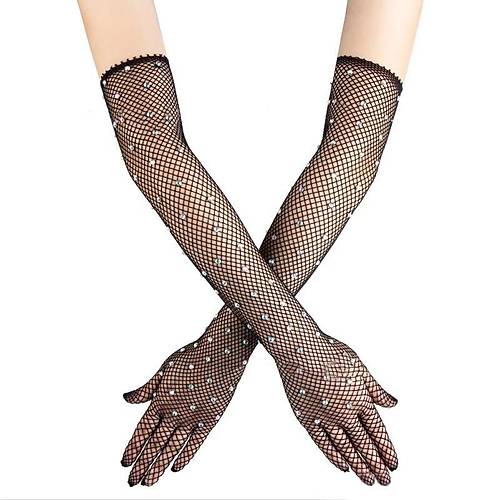 Siyah Renk �ncili Elmas ��lemeli File �rg� Uzun Eldiven 45 cm