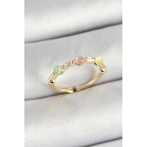 Pirin� S�ral� Boncuk Fig�rl� Zirkon Ta�l� Gold Renk Ayarlanabilir Kad�n Y�z�k